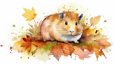 An enchanting clip art illustration featuring a Guinea pig immersed in a playful interaction with autumn leaves. The combination of clip art and watercolor creates a unique visual style, where the vibrant colors of the leaves and the pig's adorable expressions come to life, Clip art with watercolor accents,