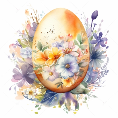 a dreamy watercolour composition of one easter egg with beautiful bold pattern surrounded by delicate flowers isolated on a white background for clipart or sticker, enchanting cottagecore style by digitalcurio, warm and cozy feeling, warm glowing lighting –no text fonts letters watermark words typography slogans signature