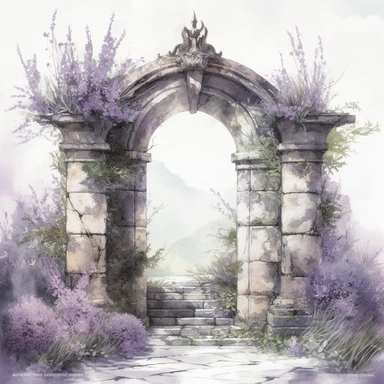 DESIGN A MAGNIFICENT AND EXQUISITE BREATHTAKING ONE-OF-A-KIND HIGH QUALITY HIGHLY DETAILED MASTERPIECE WATERCOLOR CLIPART ILLUSTRATION OF the lavender garden art print, in the style of arched doorways, emilia wilk, made of wrought iron, alan lee, contrasting, chalk, captivating, WHITE BACKGROUND