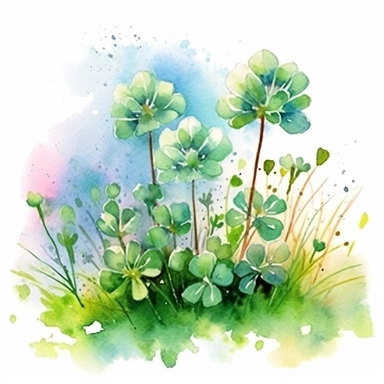 watercolor clover meadow, clipart, light ink, very detailed, white background, maximum saturation light bright colors, bright mood