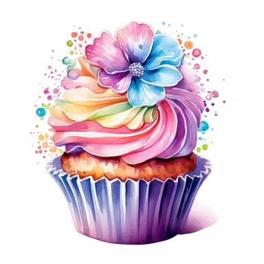 clipart of a delicious cupcake with rainbow frosting, beautiful flowers, white background, watercolor, high details, crisp details