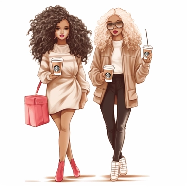 christmas african american best friends long curly hair clipart girlfriends,full body, fashion, pretty face. holding Chanel purse and Starbucks coffee illustration
