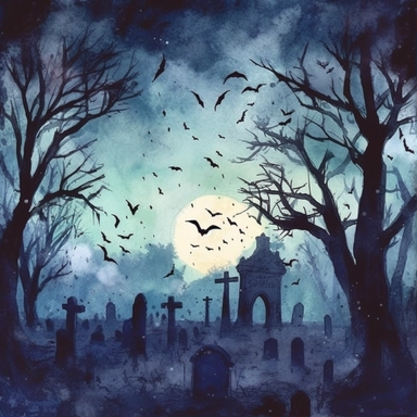 haunted cemetery on halloween night, bats in sky, ghosts flying over damaged tombstones, shilhouettes of trees and bats, clipart, watercolor style--q2--v5.1--s1000
