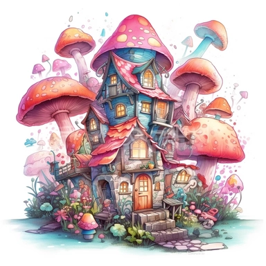 create an illustration featuring magical light pink mushroom house clipart, small flowers, vibrant colors, rainbow colors, magical, whimsical, fairytale, against a white background, harlequin cyberpunk detailed