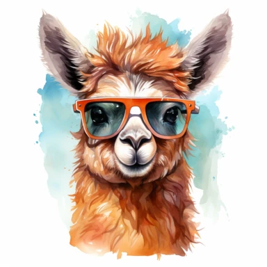 Illustrate a lovable baby llama with sunglasses in a nursery kids' style watercolor clipart, capturing its innocence and creating a high-quality, ultra HD image. The clipart must be on white solid background