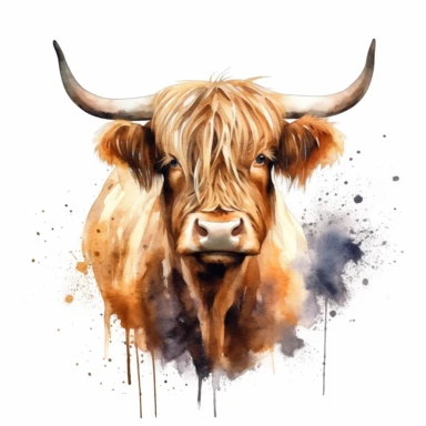 Capture the charm and beauty of a Highland Cow in a watercolor clipart, highlighting its full body character in a close-up view that showcases its distinct features and textured coat with incredible precision and Very High Quality image resolution