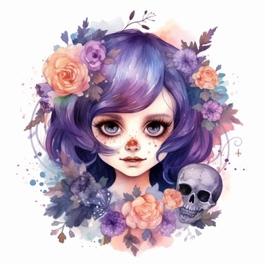 cute girl floral clipart watercolor with skull space eyes