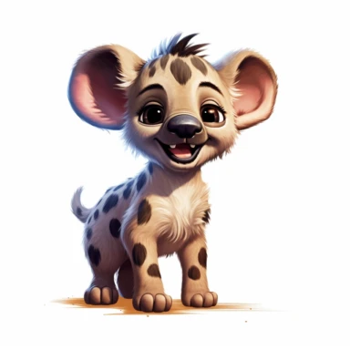 pixar style cute baby hyena clipart on white background, smiling, full body
