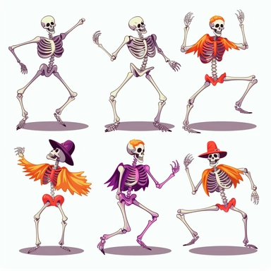 collection halloween dancing skeleton, clipart, white background
