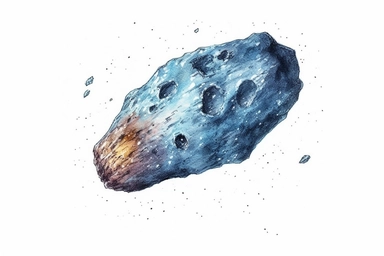 Watercolor, Generate a detailed visual of a near-Earth asteroid on a close approach trajectory clipart, hd, on a white background, spaced out