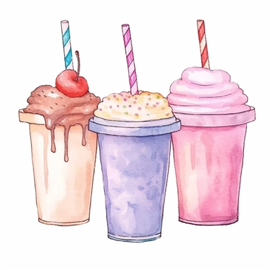 watercolor Milk shake clipart, flat style, no volume, few details, washed out, minimalistic style, very lose details, very light colors, transparent colors, light airy hues and pastel tones, spaced out, white background, washed out colors and paint, hand-painted watercolor, watercolor paper with visible rough paper texture, a variety of watercolor brushes, do not cross workspace borders, rough watercolor paper texture on top