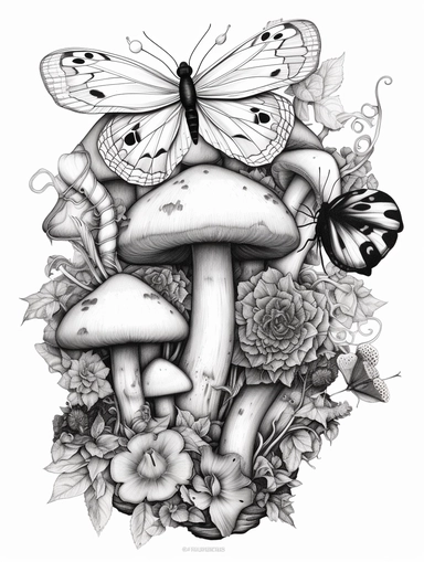 black and white color book clipart of butterflies, dragonflies,flowers,mushrooms,frogs,ivy,plants,