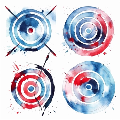 clipart set of bullseye target, bow and arrow for archery, silhouette playing archery and firing an arrow, blue and red colour palette, whimsical watercolor painting, separated with white margins between each item, isolated on white background