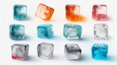 3d render, ice cubes collection, clip art isolated on white background. Frozen water assorted shapes, Bright color, realistic