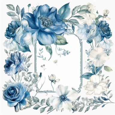 Watercolour clipart of a flower rectangle frame, for wedding invitation, white and blue victorian theme , wedding theme, high quality of details, white background
