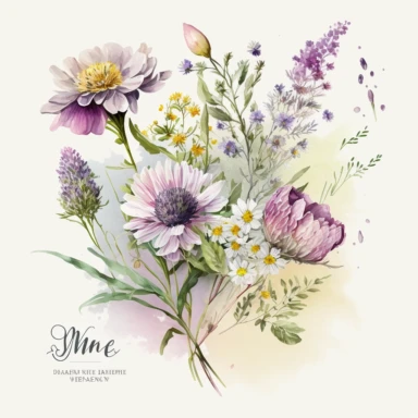 A group of wildflowers used in wedding invitations depicted in a watercolor clipart style, featuring charming blooms like roses, peonies, daisies, and lavender, delicately painted with translucent watercolor pigments,