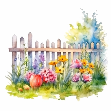clipart, isolated on white background, Watercolor Spring beautiful ornated fence fulls of the colorful flowers and grass and plants and branches and tree, ornated, vivid and vibrant and saturated colors