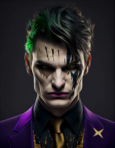 Digital art, Incredibly Detailed Extreme Face Closeup of Joker with gold makeup and black hair, in the style of dadaist photomontage, octane render, kintsugi, devilcore, raw character, dark silver and gold, sony alpha a7 iii. Wearing a gold suit with black accents, a purple shirt, and a green tie, he stands in front of a chaotic collage of newspaper clippings, posters, and photographs, some of them torn or burned. His face is covered with gold paint, except for his eyes and mouth, which are exag