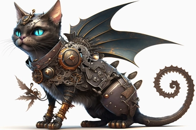 clipart, A beautiful cat with a steampunk-style mechanical bat on its back, hd, on white background,