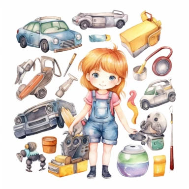 cute kawaii car girl mechanic, repairman tools, watercolor white background clipart set single elements with margin
