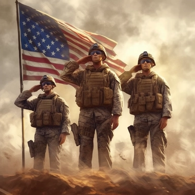 Three soldiers saluting the flag, Memorial Day, kneeling for the fallen, drawing, CG, clipart, illustration, seed 3543282259