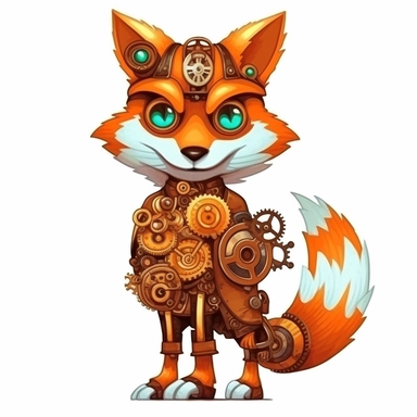 friendly fox with big cute eyes, standing up, in the style of steampunk, clipart, white background, lots of cogs