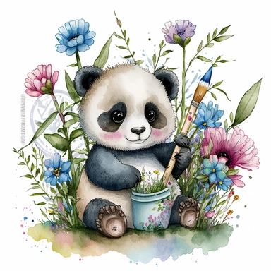 Cute watercolour panda clipart with big round eyes and rosy cheeks, holding a bamboo stick with leaves, sitting on a bed of grass with colourful flowers blooming in the background, under a bright blue sky. Artwork with watercolour pencils and pens.