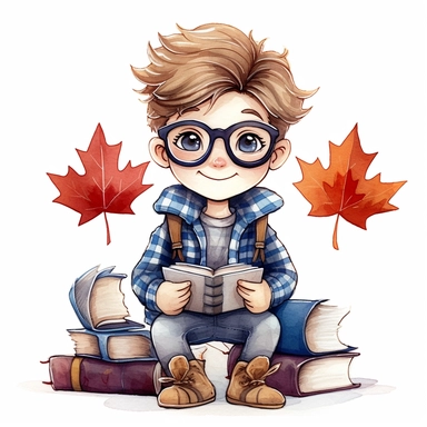 a happy little cute boy in a five-year-old, white short, blue jacket, book, glasses, maple leaf, style by Lusy Fleming, folk art, watercolor, clipart elements, smooth gradients, black contour outline, ultra detailed, white background, super clear, high quality