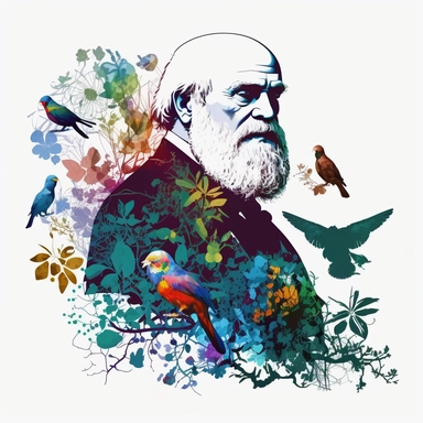 Charles Darwin, clipart, marvel illustration, vector, birds, plants, multicolor shapes, white background
