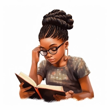 Watercolour darkskin Black Girl Reading Clipart, braids, reading in a fort, Girl Studying Clipart, Book Lover , Student Clipart, Reading Png,Bookworm, hd, white background, spaced out, pastel colors, cartoon realism details--ar 3:2