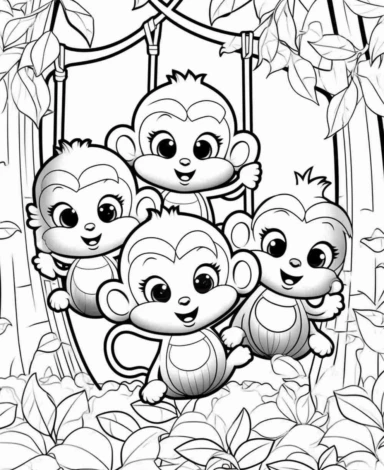 cute kawaii style Playful monkeys swinging in a tree in a jungle, with kawaii expression, Kawaii for a childrens book, cartoon style, thick lines, black and white, no shading, line drawing illustration, no duplicate faces, blurry, drawing, cartoon, illustration, painting, concept art, cgi, unreal, anime, black&white, b&w, picture frame, deformed, bad anatomy, disfigured, poorly drawn face, mutation, mutated, extra limb, poorly drawn hands, done by bad-artist, ugly, dazed, 3D render, 3D game, 3D 