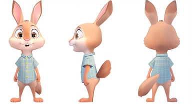 clipart,A cute little rabbit wearing a bright shirt and shorts+three Kans, with three perspectives on the front, side, and back, in different poses. The little rabbit has a small and cute body, with furry white fur and a pair of long ears. Its bright black eyes exude a clever and curious expression. A mischievous expression, he often wears bright shirts and shorts, full of vitality.clipart style, full body with both feet, painting, illustration, style, beautiful cartoon style, three images