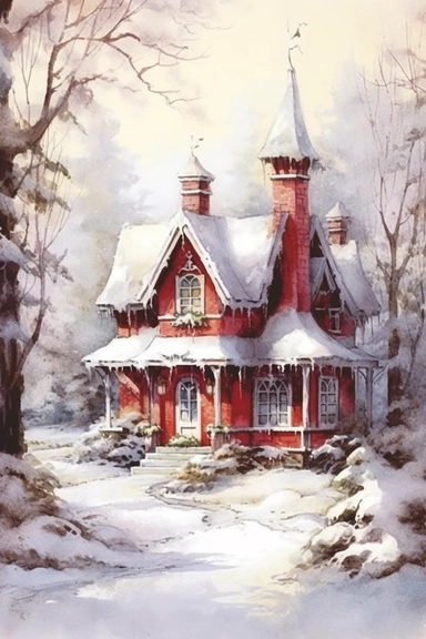 stunning red fairytale Christmas cottage in snow , beautiful Christmas clipart, soft faded colors, beautiful watercolor art by Marjolein Bastin, Thomas Kinkade, Carl Larsson, Norman Rockwell, Susan Wheeler