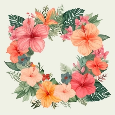 Floral Frame Vivid color Hibiscus rosa-sinensis Flowers and tropical trees, Neutral Floral Clipart, Minimalist Flowers Cartoon vector, Elegant Blooms, dainty florals, watercolor illustration, hand drawing style