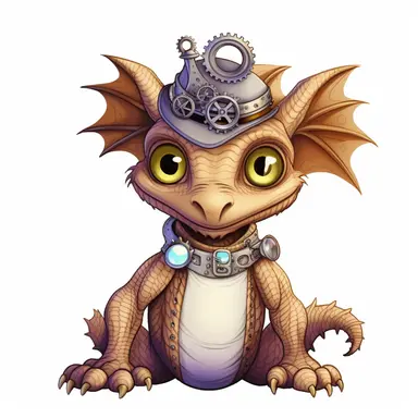 friendly dragon with cute eyes, in the style of steampunk, clipart, white background