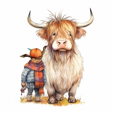Watercolor realistic highland cow with scarecrow , style by Lucy Fleming, watercolor, smooth gradients, black contour outline, ultra detailed, clipart elements, delicate pastel colors, solid white background, super clear, high quality