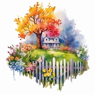 clipart, isolated on white background, Watercolor Spring beautiful ornated fence fulls of the colorful flowers and grass and plants and branches and tree, ornated, vivid and vibrant and saturated colors