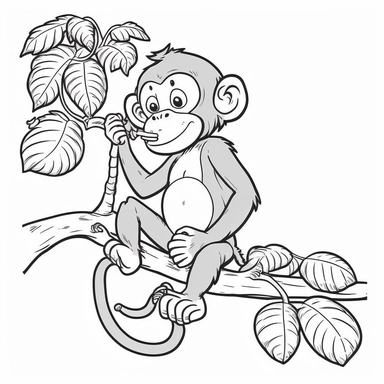 coloring page of a friendly monkey nibbling on a banana while sitting on a branch in a jungle, no shading, white background, clipart, simple