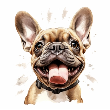 french bulldog puppy tongue out, watercolor illustration, clipart, head, hyper-realistic animal illustration, childlike, free brushwork, white background
