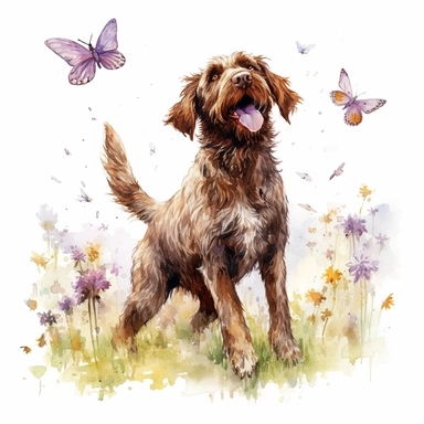 Playful wirehaired pointing griffon chasing butterflies in a sunlit garden, its tail wagging with excitement, capturing its joyful and lively spirit, white background, watercolor clipart
