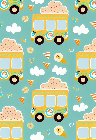 Cute happy baby bus bithday pattern, Clipart,by Dr. Seuss ，Blush and bashful background, illustration art