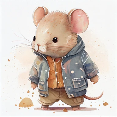 cute watercolor illustration of a mouse wearing a jacket, simple shapes, no lines, no outlines, clipart, trending on artstation, minimalist, watercolor illustration clipart, watercolour clipart, watercolor illlustration for kids and children, book illustration, flat background