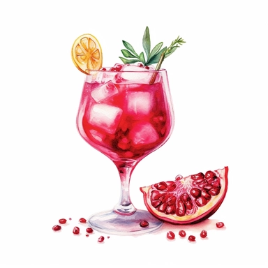 an enchanting watercolor, hyper-realistic clipart image with a white background and white margins, featuring a pomegranate-inspired cocktail with crushed ice and garnished with a slice of lemon. The ultra-detailed, hand-drawn elements capture the vibrant red color and enticing presentation of the cocktail. Use whimsical touches to add a touch of festivity, and bold shades of red and yellow to evoke the refreshing and tangy flavors of this pomegranate drink.
