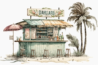 beach bar, summer, pastel color, clipart,clean, watercolor, illustration, detailed, no background,
