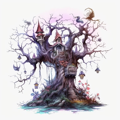 Highly detailed watercolour clipart, haunted tree, spooky, halloween, fantasy, highly detailed, fantasy cartoon illustration, whimsical, UHD, 8K, 3D, solid white background