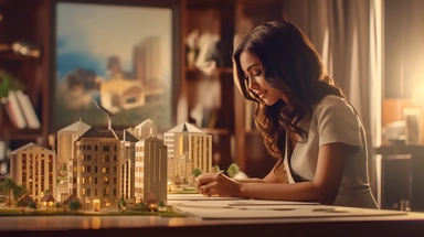 latina architect woman looking at a model of a building in a table, vintage colors, 32k, bokeh, spring, chart design, modernismo, transitional interior design, elegant outfit, cartoon, sublimation, clipart