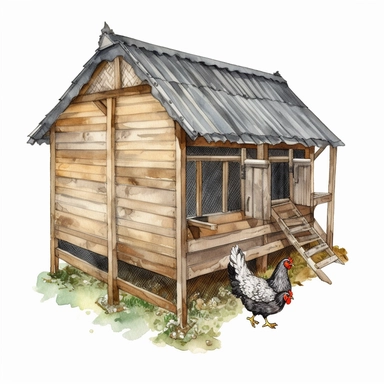 Highly detailed and realistic chicken coop Watercolor Clipart, transparent background, watercolor and black ink, on white background, NO TEXT,NO WATERMARKS