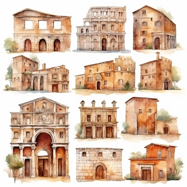 Watercolor ancient rome , illustrations clipart set, simple, amphiteatre and other architectural buildings , cartoon elements, different variants , separate elements with a margin