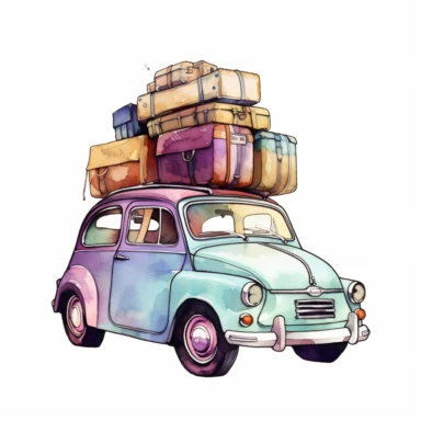 Cute Beautiful car with moving baggage on it Watercolor Sublimation Clipart, Cartoon, hyper realistic, intricate detail, illustration style, high solution, , in the style of colorful caricature, digital art techniques, light amber and magenta, colorful drawings, nostalgic paintings, dazecore, on the white backgrounds