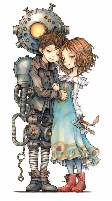 watercolor steampunk boy and steampunk girl entire body with a steampunk robot by their side and holding a cute steampunk doll in her arms, illustration clipart by holly hobbie and mary engelbreit